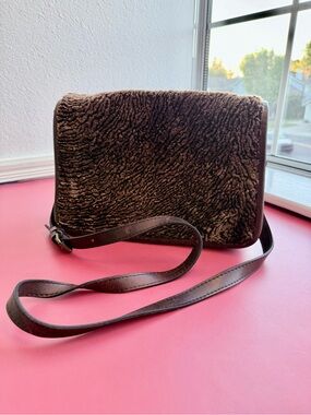Vintage Brown Leather & Faux Fur Crossbody Messenger Bag Boho Rustic